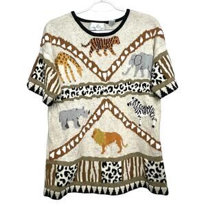 Design Options Safari Animal Knit Sweater XL Giraffe Zebra Elephant Short Sleeve